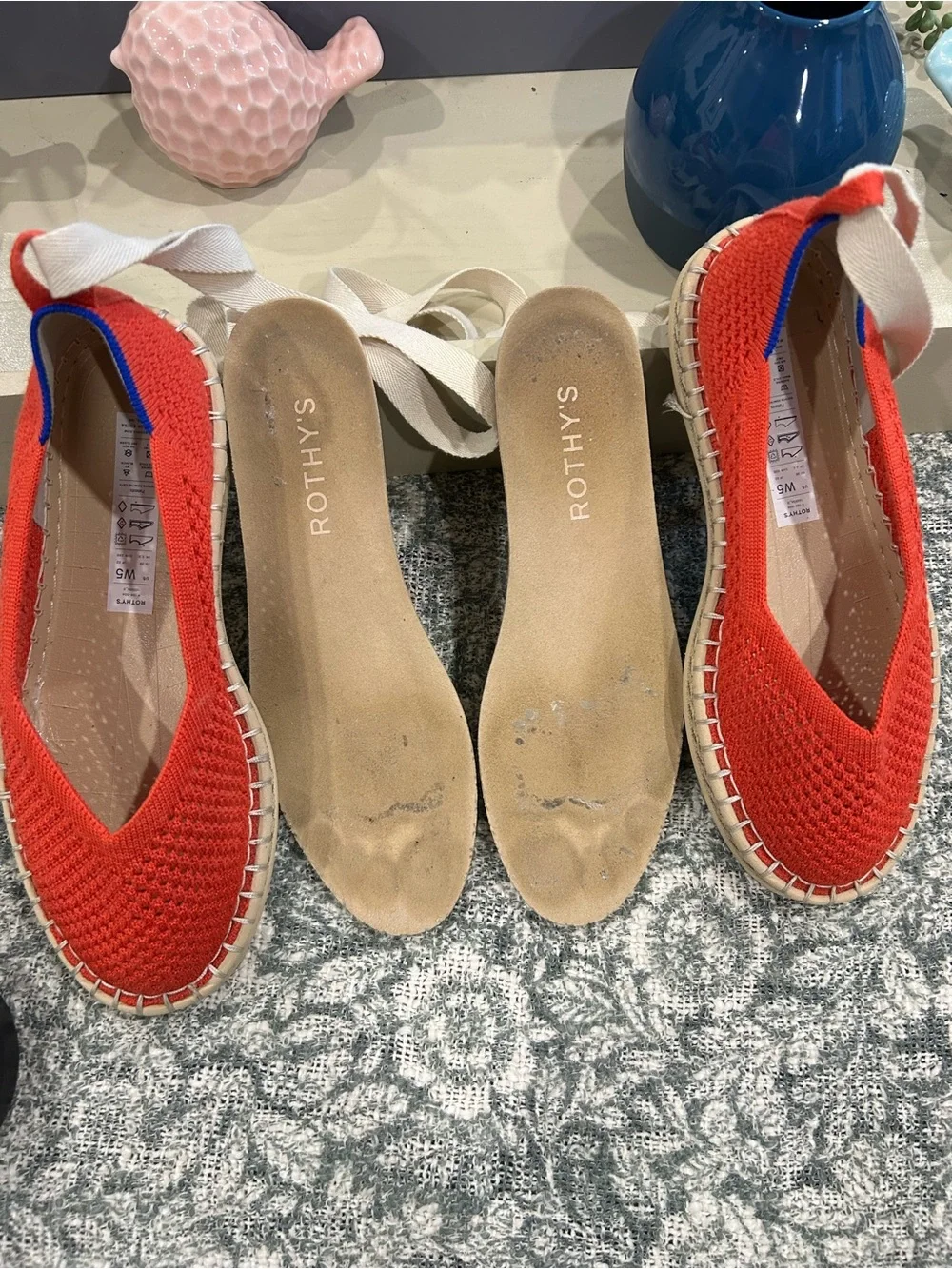 Rothy's Red Espadrille Flats with Cream Ankle Wrap